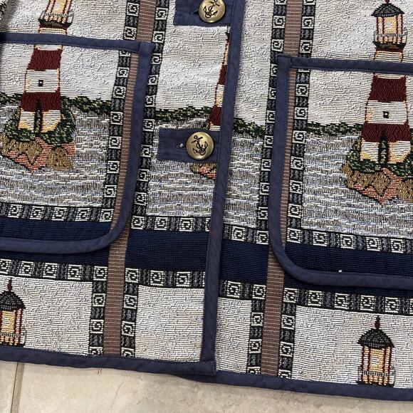 Blair Jacket Womens Sz L Nautical Lighthouse Tapestry Anchor Buttons Chore 90s - Picture 2 of 8